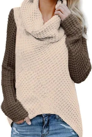 Chunky Sweaters Cowl Neck Color Block Asymmetric Hem Wrap Oversized Knit Sweaters Pullover Tops