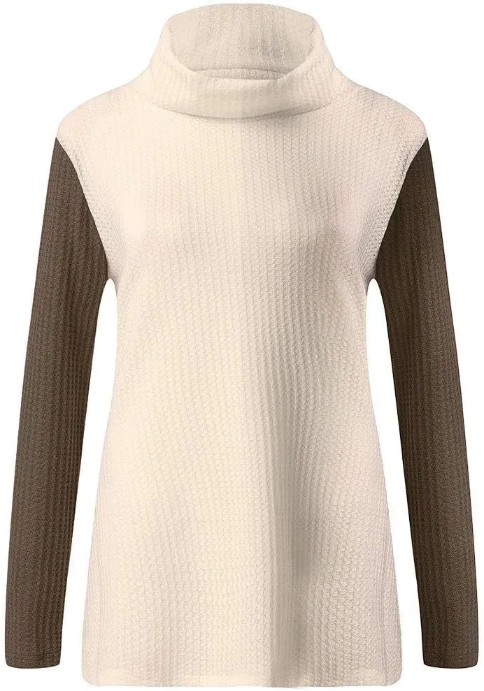 Chunky Sweaters Cowl Neck Color Block Asymmetric Hem Wrap Oversized Knit Sweaters Pullover Tops