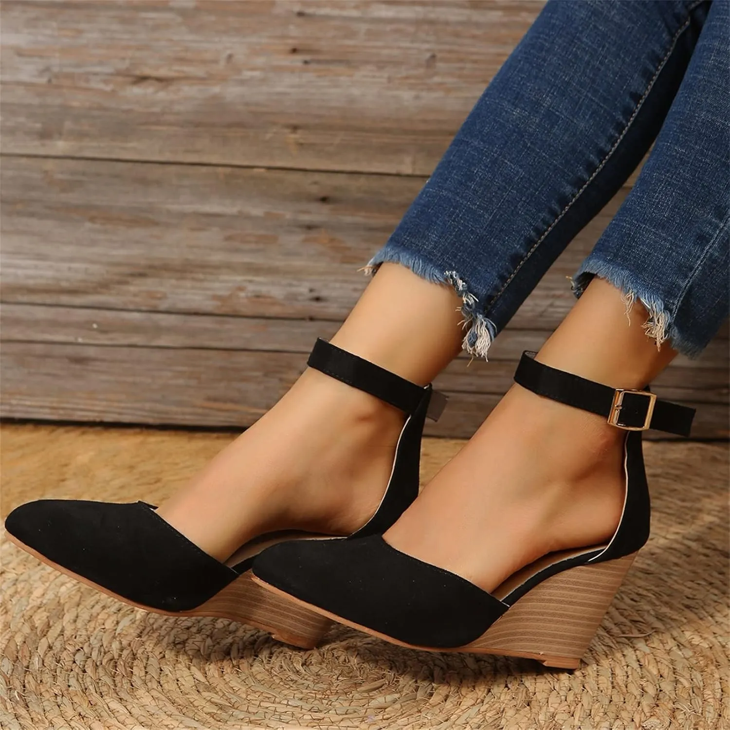 Closed Toe Wedges Heels for Women Dressy Platform Wedge Sandals Ankle Strap Heeled Espadrilles Sandals Ladies Comfortable