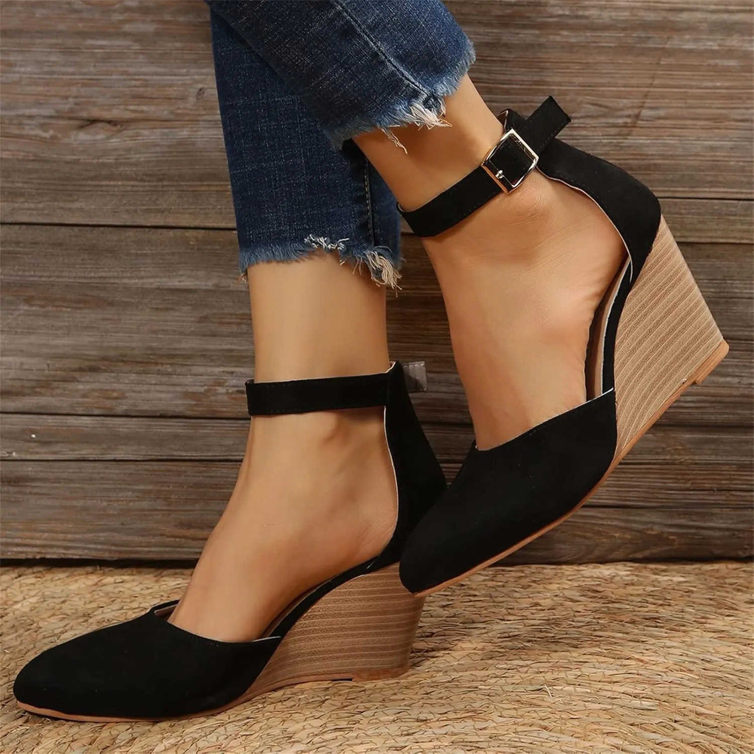 Closed Toe Wedges Heels for Women Dressy Platform Wedge Sandals Ankle Strap Heeled Espadrilles Sandals Ladies Comfortable