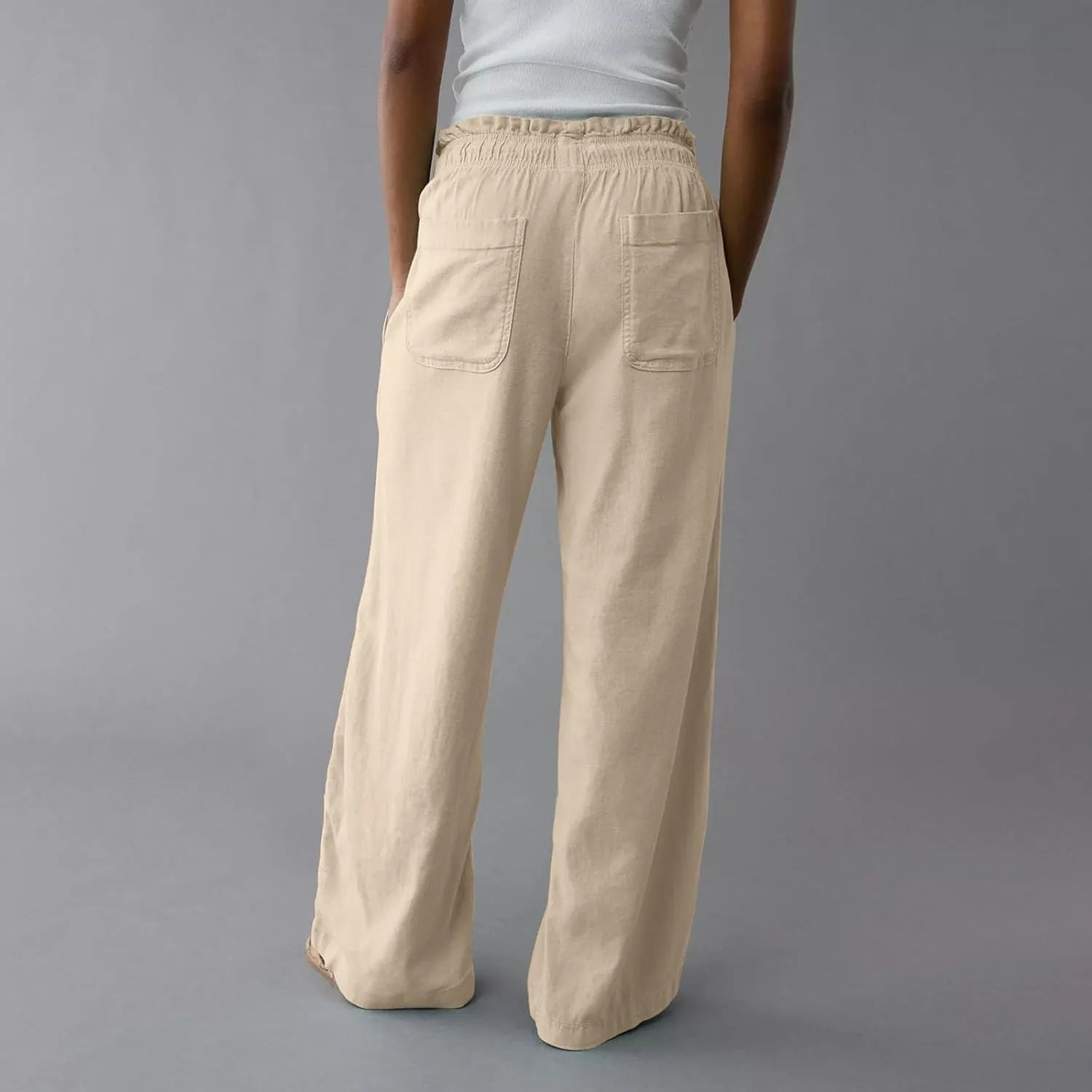 Cotton Linen Casual Pants for Women 2025 Wide Leg Elastic Waistd Summer Palazzo Pants Straight Vintage Pockets Outfits