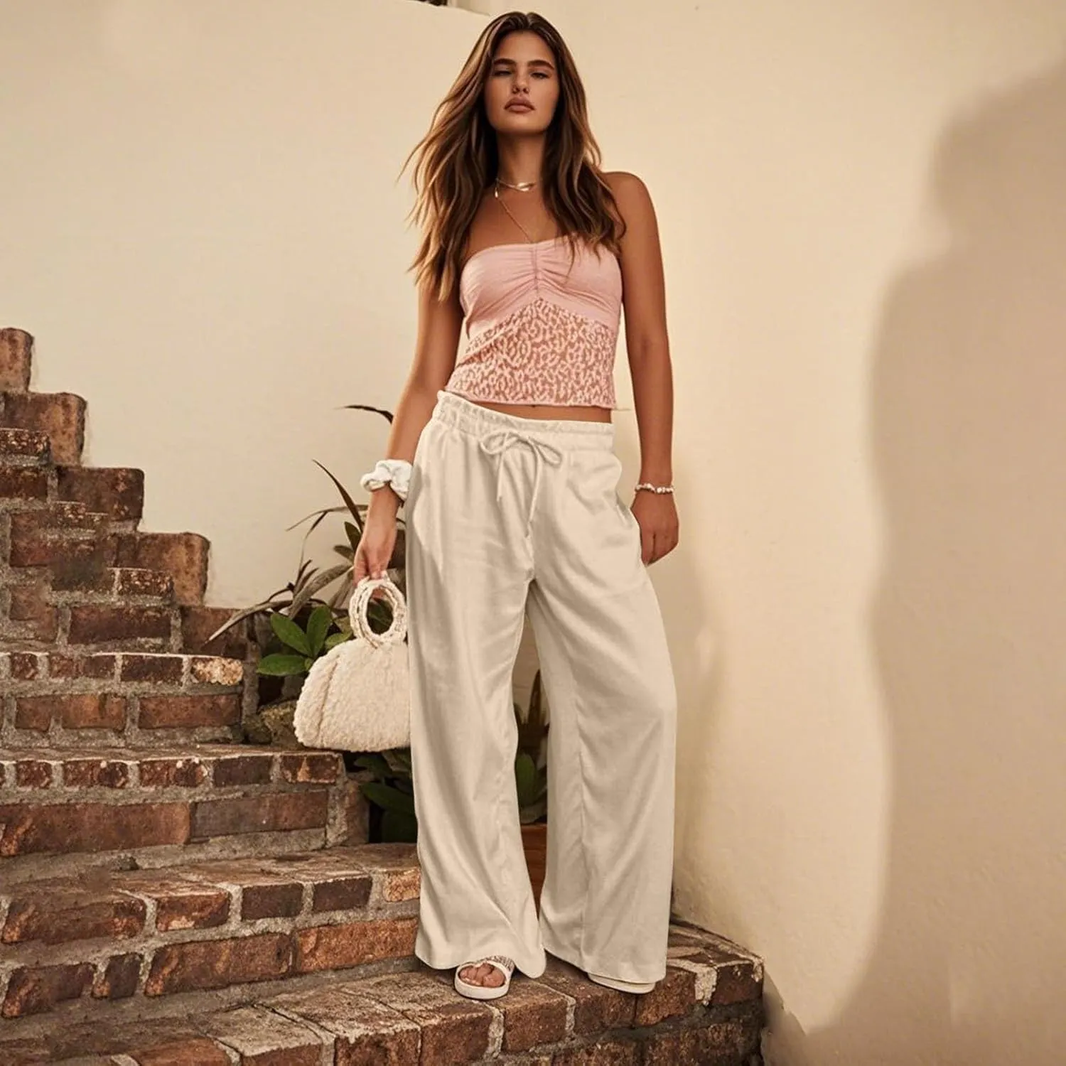 Cotton Linen Casual Pants for Women 2025 Wide Leg Elastic Waistd Summer Palazzo Pants Straight Vintage Pockets Outfits