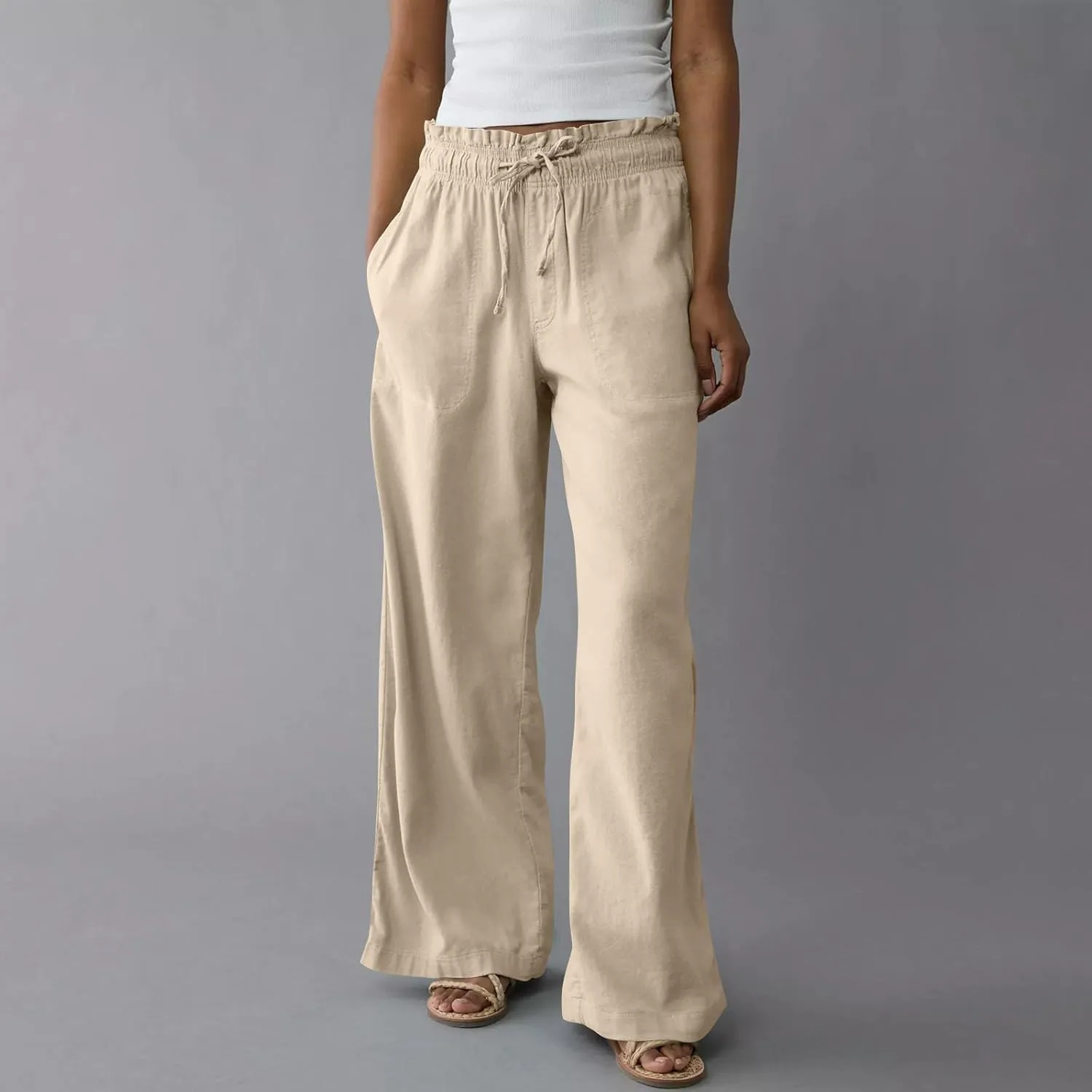 Cotton Linen Casual Pants for Women 2025 Wide Leg Elastic Waistd Summer Palazzo Pants Straight Vintage Pockets Outfits