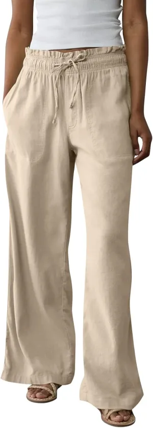 Cotton Linen Casual Pants for Women 2025 Wide Leg Elastic Waistd Summer Palazzo Pants Straight Vintage Pockets Outfits