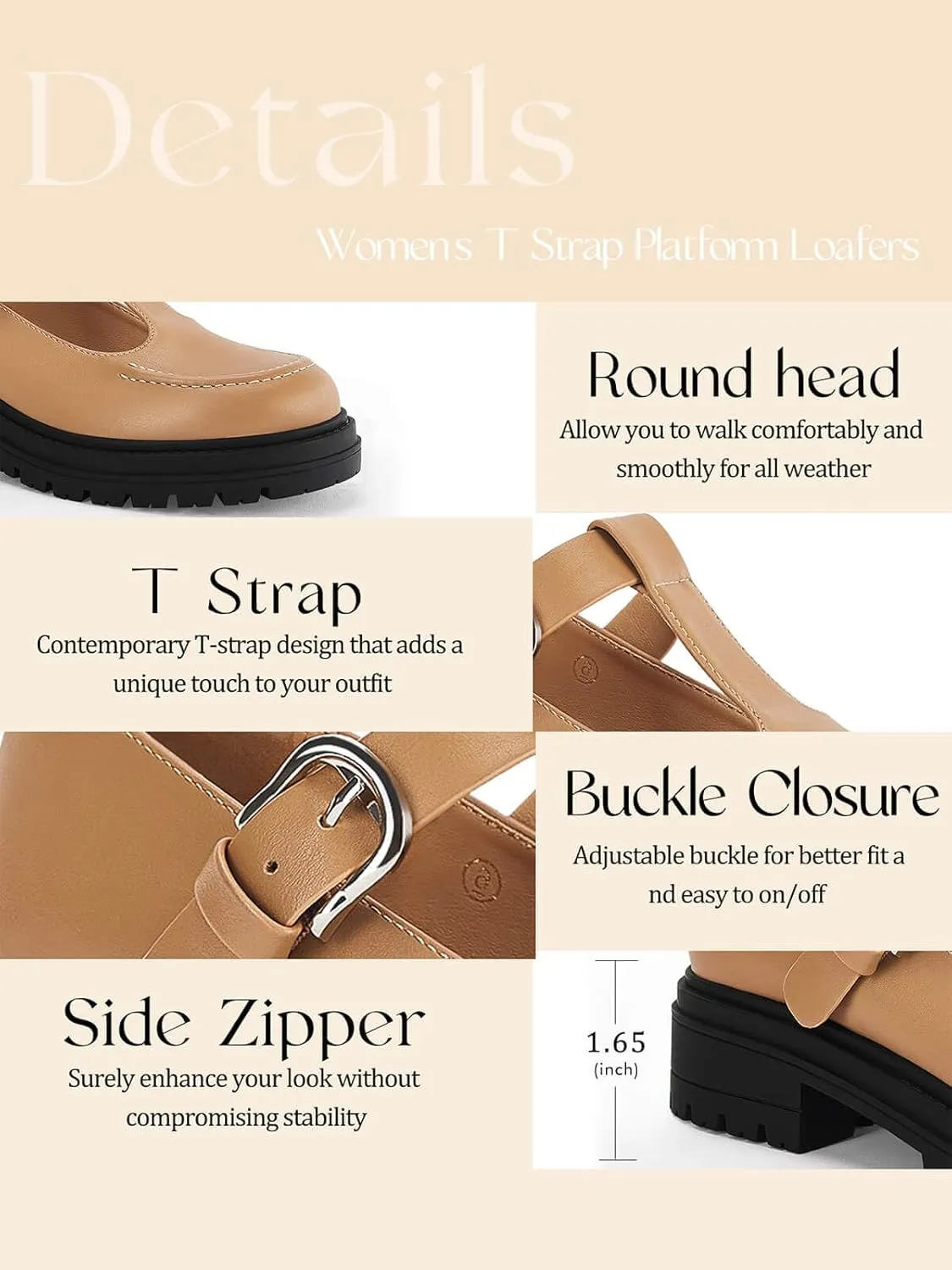 Coutgo Women's Platform Loafers T Strap Chunky Low Heel Buckle Strap Mary Jane Comfortable Casual Office Shoes