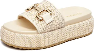 Coutgo Womens Platform Sandals Raffia Espadrilles Metal Chain Slip on Open Toe Cute Beach Slide Sandals