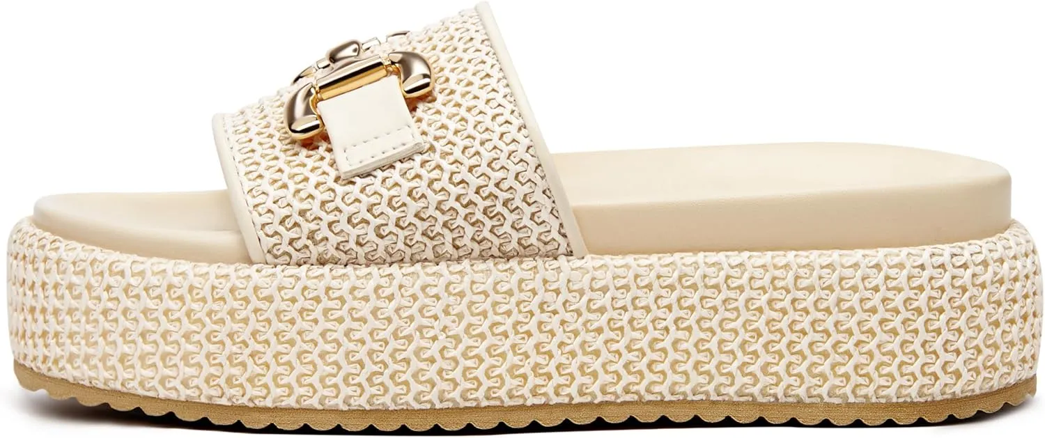 Coutgo Womens Platform Sandals Raffia Espadrilles Metal Chain Slip on Open Toe Cute Beach Slide Sandals