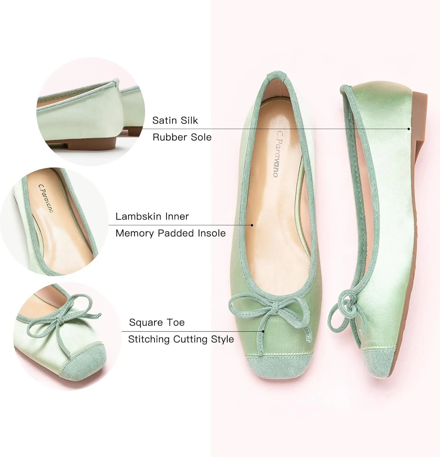 C.Paravano Women's Flats with Bowknot | Casual Slip On Dress Shoes | Comfortable Square Toe Shoes | Women Ballet Flats for Wedding Work Office Business