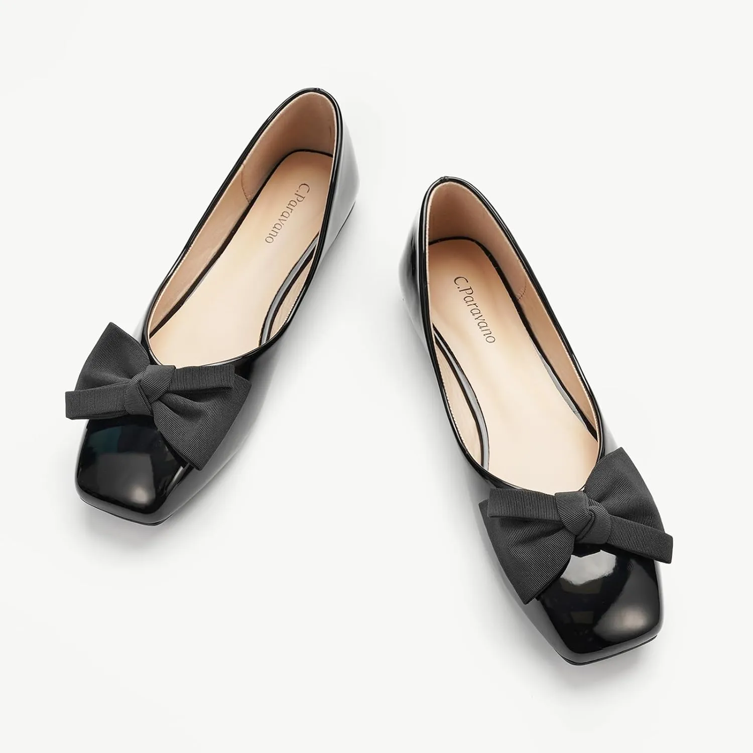 C.Paravano Women's Shoes with Bow | Casual Slip On Ballet Flats | Comfortable Square Toe Walking Shoes | Women Dressy Flats for Wedding Work Business Office
