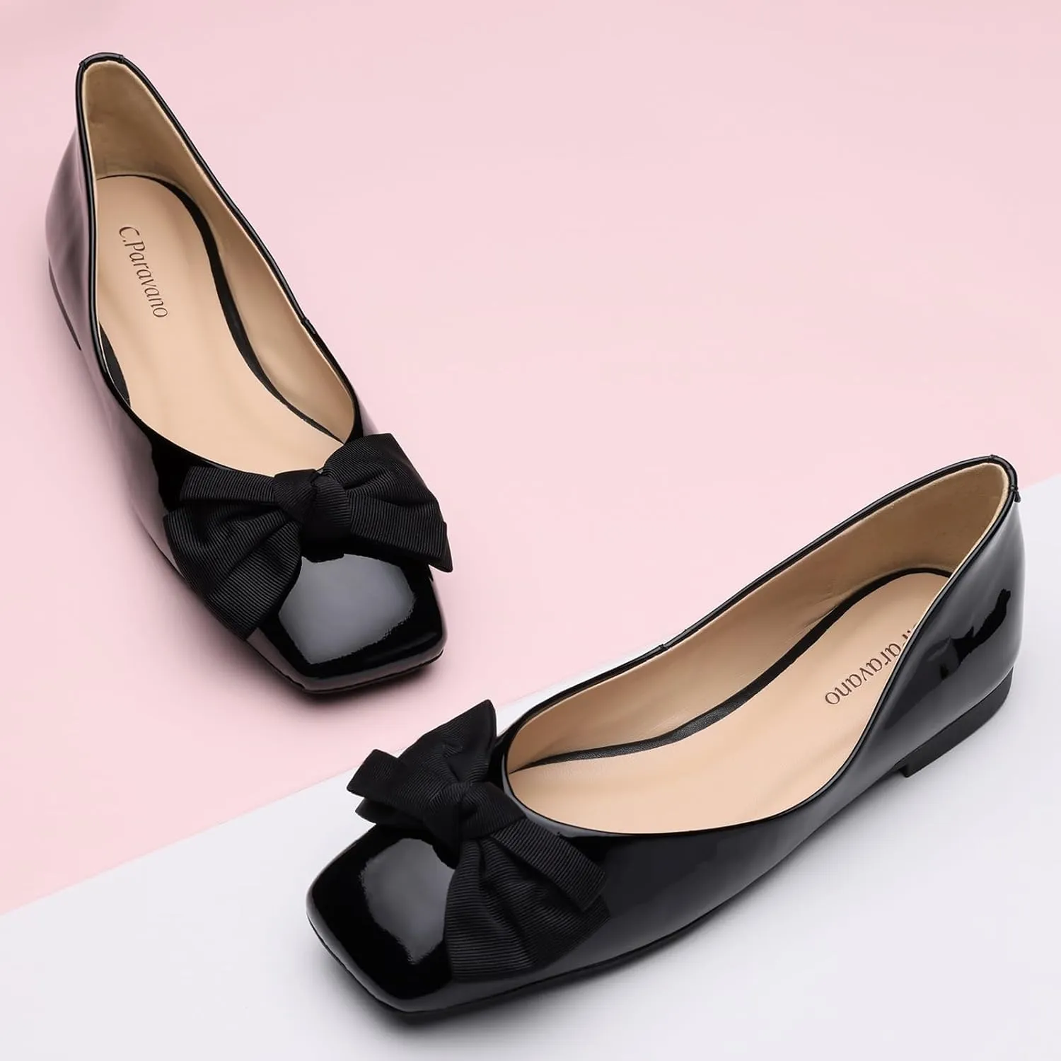 C.Paravano Women's Shoes with Bow | Casual Slip On Ballet Flats | Comfortable Square Toe Walking Shoes | Women Dressy Flats for Wedding Work Business Office