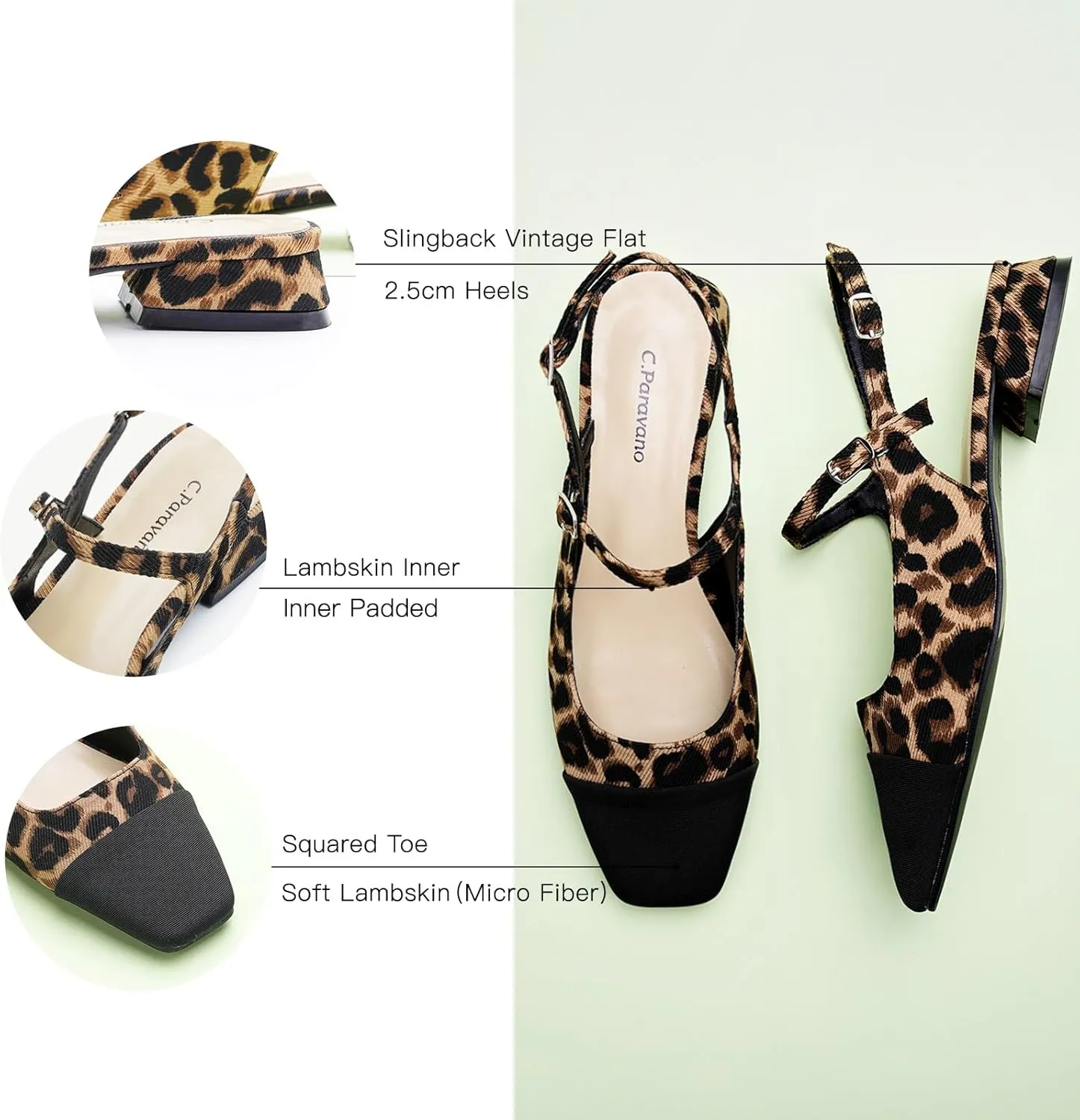C.Paravano Women's Slingback | Square Toe Slingback Flats | Ankle Strap Flats Sandals | Slip on Casual Flats Shoes | Leather Dress Shoes for Wedding