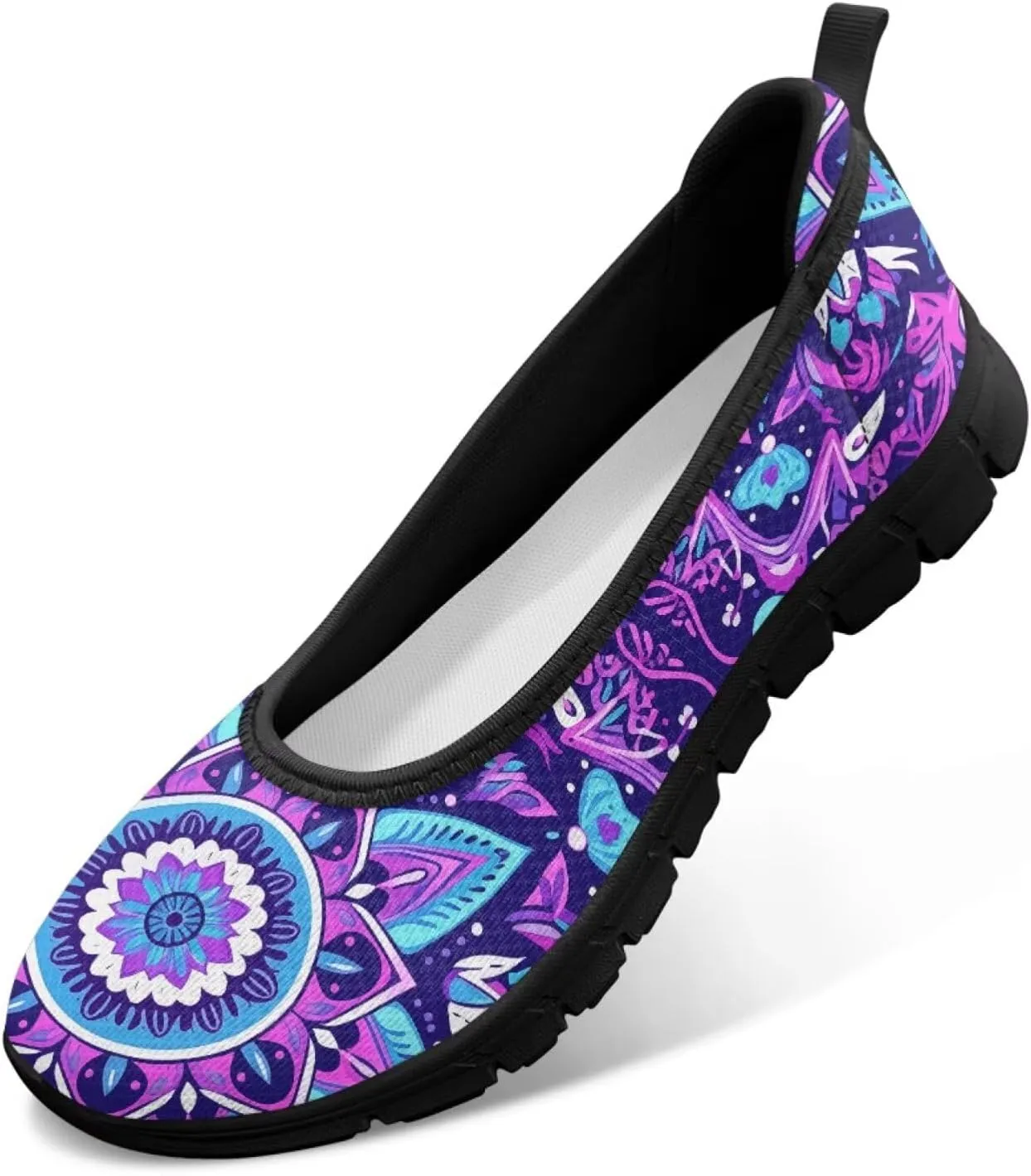 Creative Mandala Flower Print Women Walking Shoes Slip On Stylish Ballet Flats Soft Lightweight Platform Loafers Office & Party