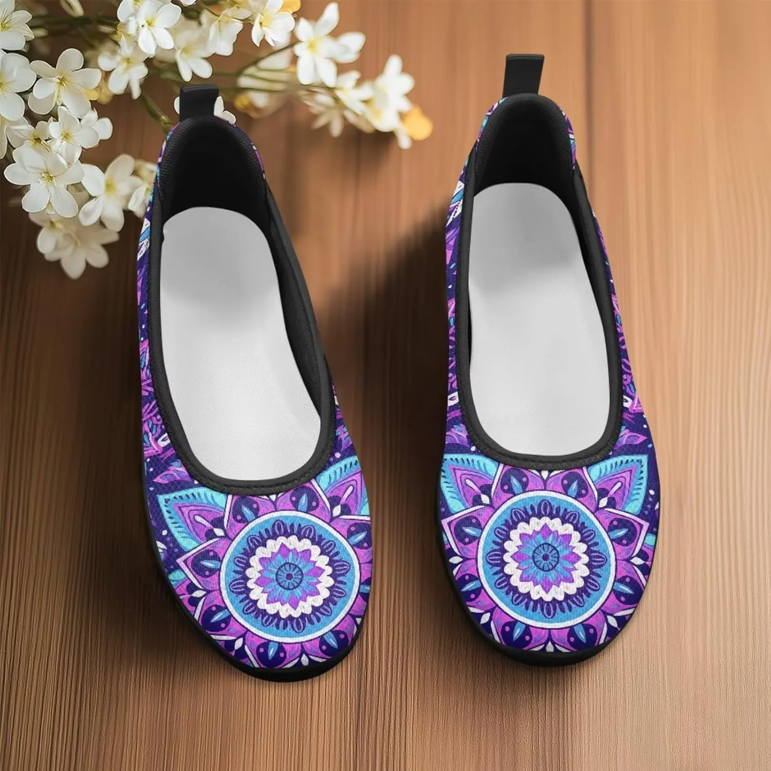 Creative Mandala Flower Print Women Walking Shoes Slip On Stylish Ballet Flats Soft Lightweight Platform Loafers Office & Party
