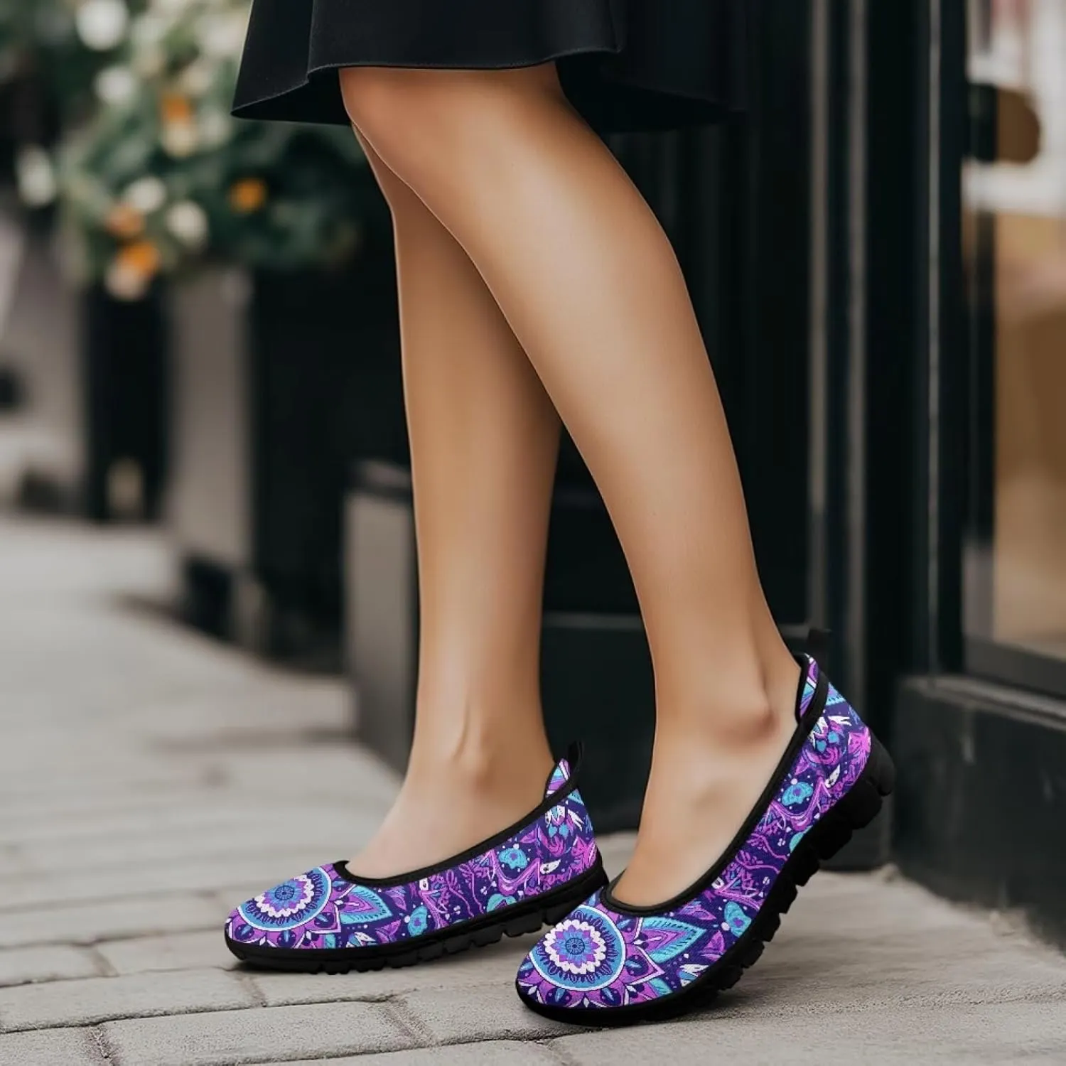 Creative Mandala Flower Print Women Walking Shoes Slip On Stylish Ballet Flats Soft Lightweight Platform Loafers Office & Party