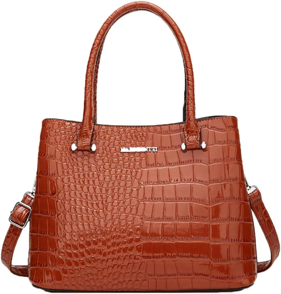 Crocodile Pattern Purse Top Handle Handbag for Women Patent PU Leather Satchel Shoulder Bag