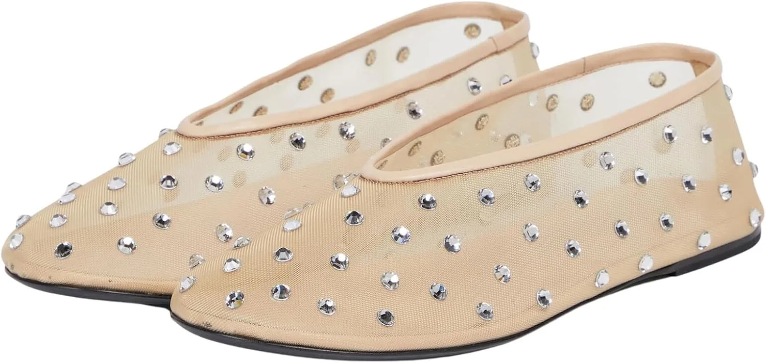 Crystal Rhinestone Ballet Flats for Women Diamond Mesh Round Toe Flat Slip On Low Heeled Flat Shoes Casual Dress Shoes