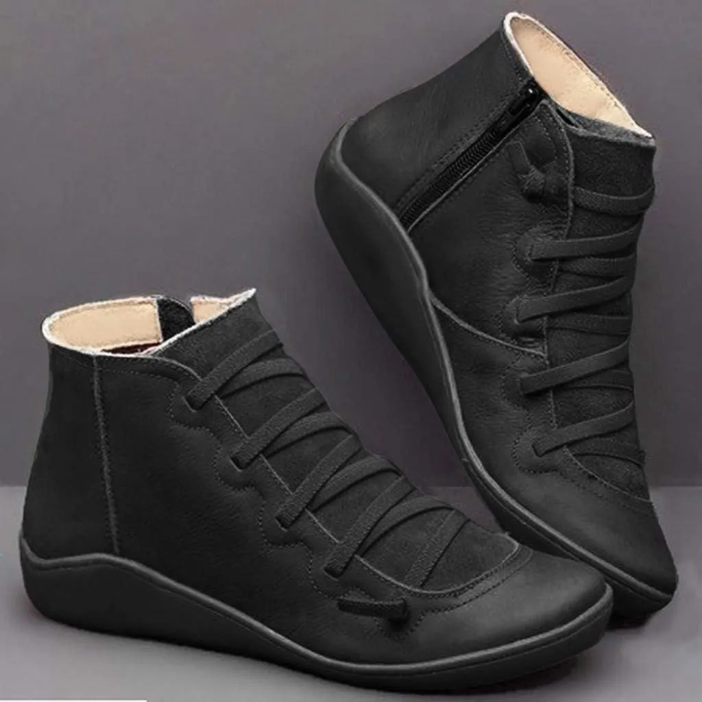 Crzidha Boots for Women with Arch Support,Comfy Wide Width Orthopedic Ankle Boots for Plantar Fasciitis Lightweight Daily Walking Work Flat Shoes Solid Leather Lace Up Side Zipper Boots
