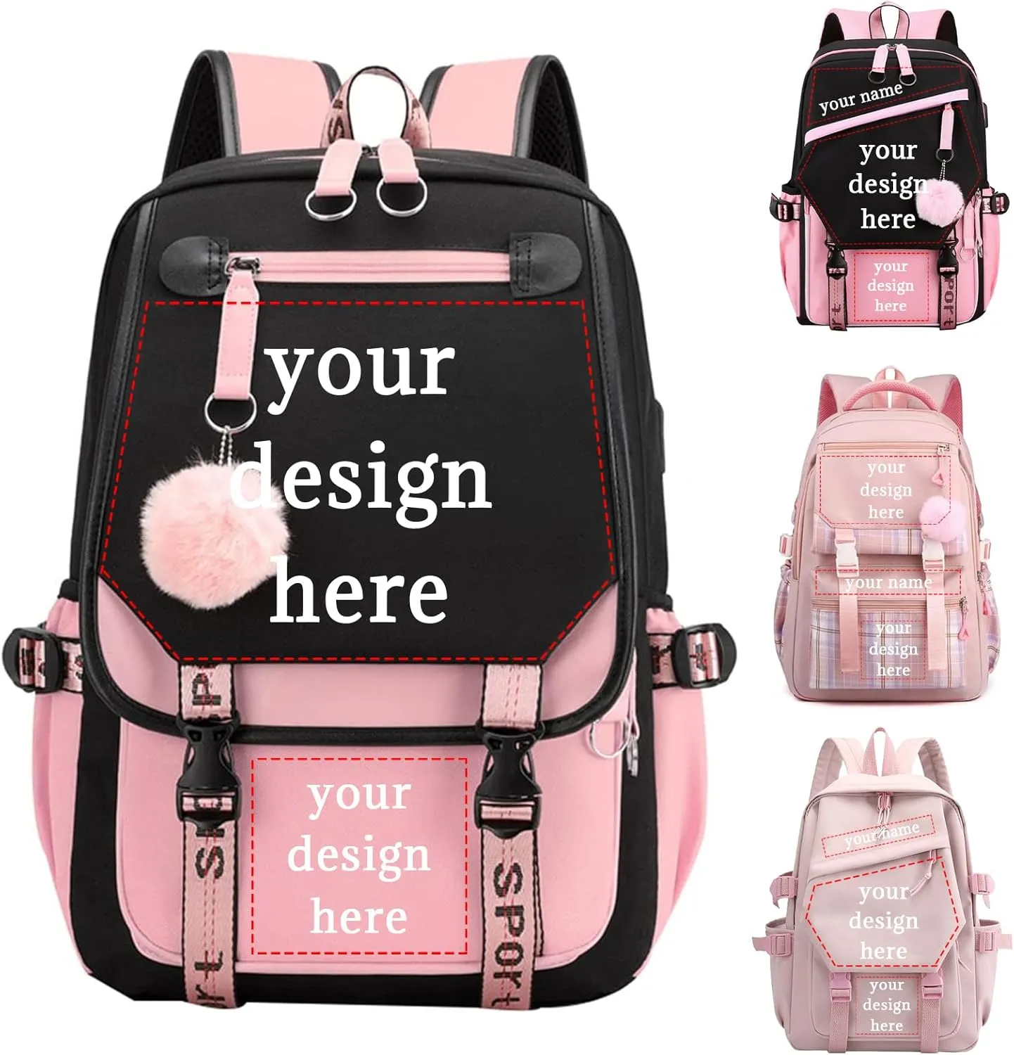 Custom Backpack for Girls Customized Pink Backpack for School Waterproof Kids Personalized Middle Schoolbag Children Bookbag
