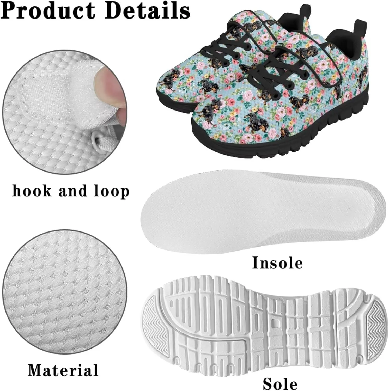 Dog Print Tennis Shoes with Hook & Loop for Kids Non Slip Breathable Strap Athletic Running Shoes for Walking