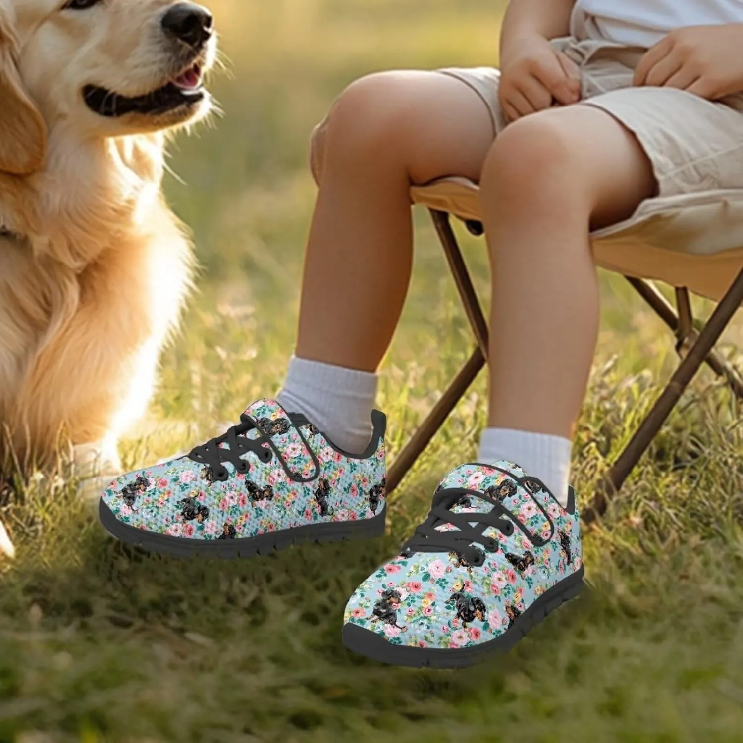 Dog Print Tennis Shoes with Hook & Loop for Kids Non Slip Breathable Strap Athletic Running Shoes for Walking