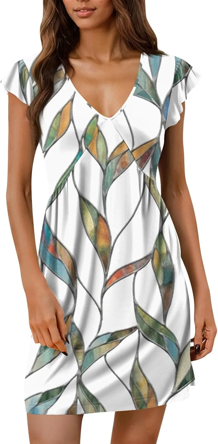 Dresses for Women 2025 Womens Summer Beach Dresses Casual Loose Deep V Neck Sundress Ruffle Short Sleeve Mini Dress