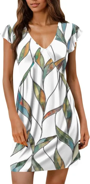 Dresses for Women 2025 Womens Summer Beach Dresses Casual Loose Deep V Neck Sundress Ruffle Short Sleeve Mini Dress