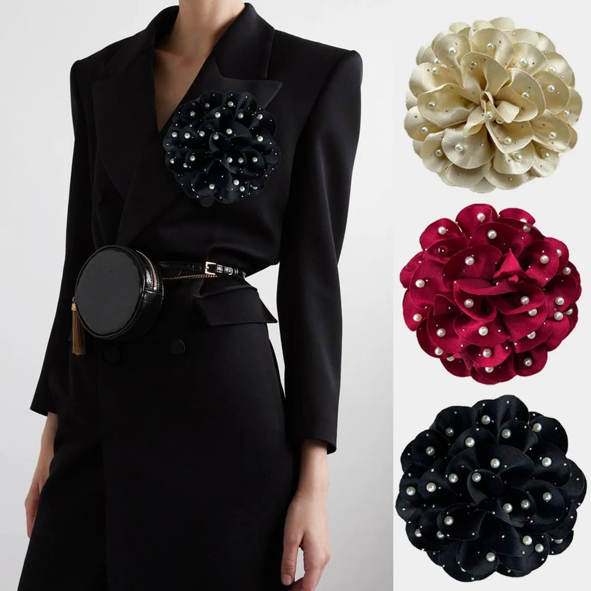 Elegant Large Rose Flower Brooches Lapel Pins Handmade Dainty Satin Fabric Pearl Brooches Big Camellia Flower Brooch Pin for Women Wedding Part Dance Dress Suit Clothes Accessories Prom Jewelry
