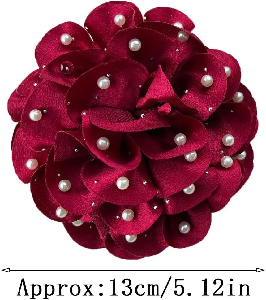 Elegant Large Rose Flower Brooches Lapel Pins Handmade Dainty Satin Fabric Pearl Brooches Big Camellia Flower Brooch Pin for Women Wedding Part Dance Dress Suit Clothes Accessories Prom Jewelry
