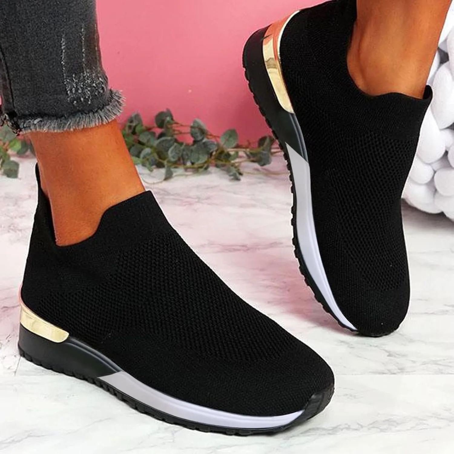 EMRELOD Womens Sneakers Platform Fashion Slip On Walking Shoes Breathable Running Shoes Lightweight Casual Breathable Mesh Low Top Gym Shoes Flat Non Slip Workout Shoes Play Sneakers (05-Black, 7.5)
