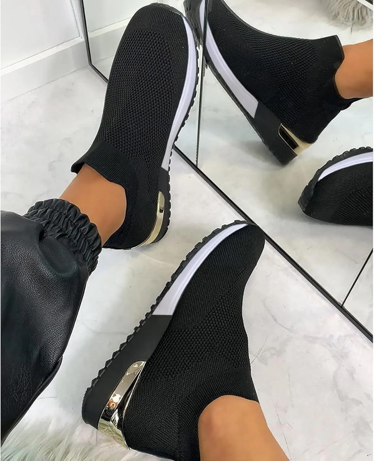EMRELOD Womens Sneakers Platform Fashion Slip On Walking Shoes Breathable Running Shoes Lightweight Casual Breathable Mesh Low Top Gym Shoes Flat Non Slip Workout Shoes Play Sneakers (05-Black, 7.5)
