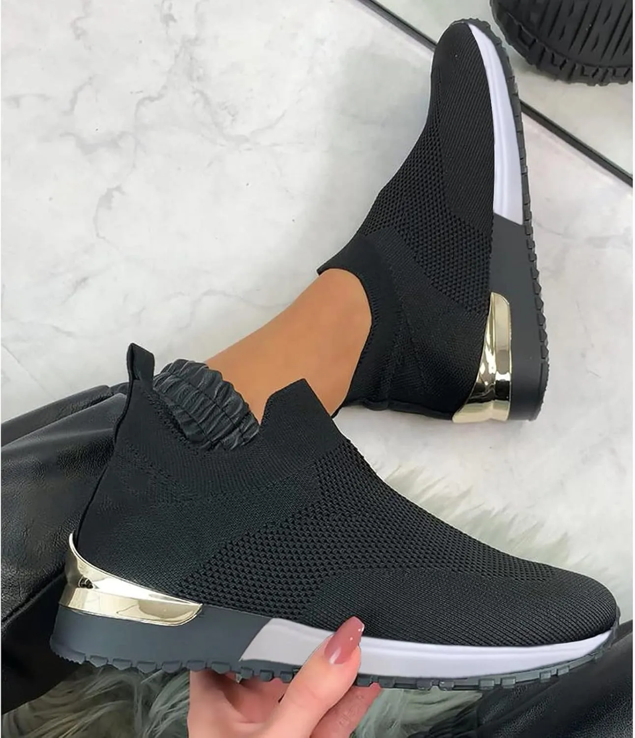 EMRELOD Womens Sneakers Platform Fashion Slip On Walking Shoes Breathable Running Shoes Lightweight Casual Breathable Mesh Low Top Gym Shoes Flat Non Slip Workout Shoes Play Sneakers (05-Black, 7.5)