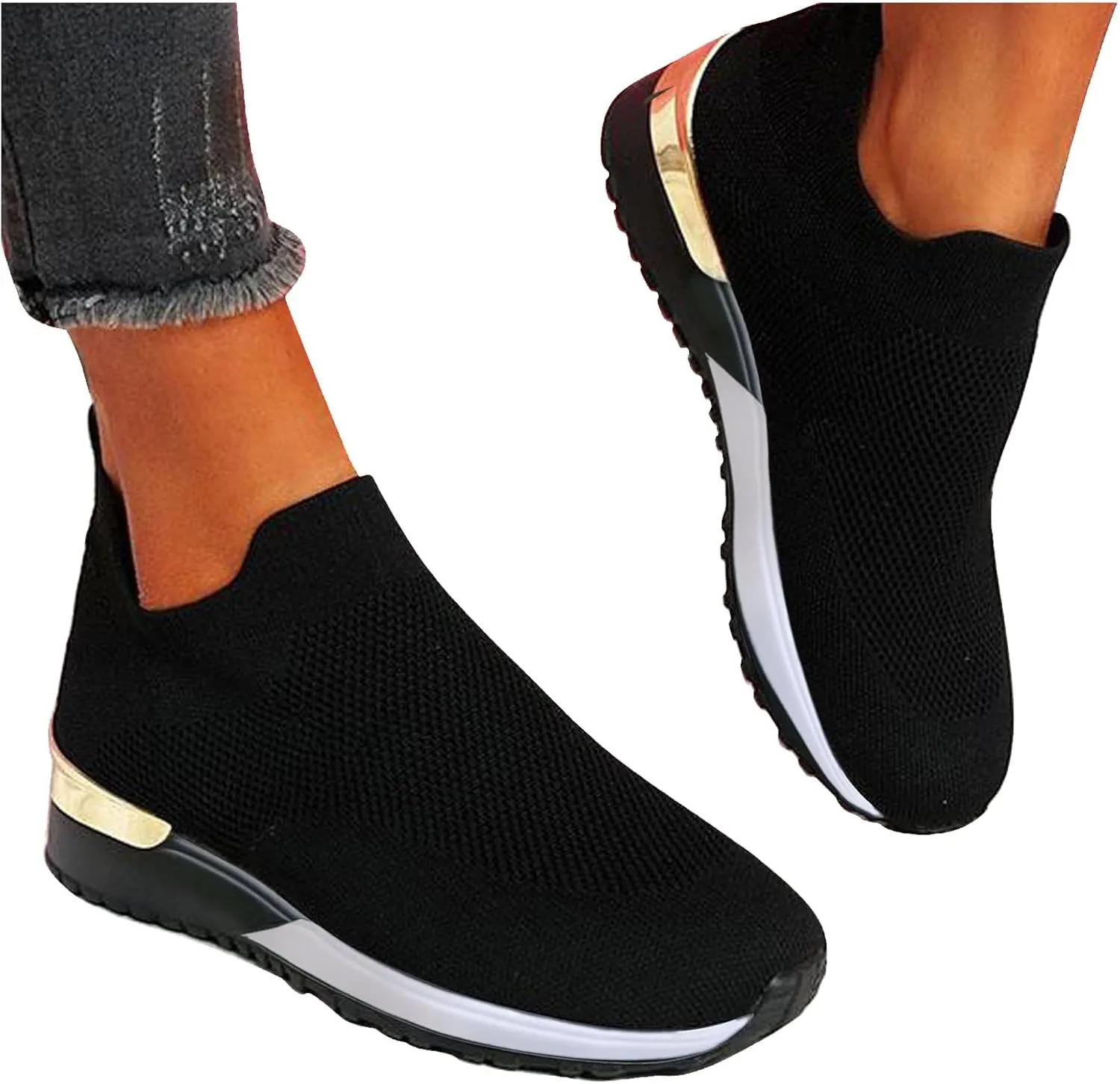 EMRELOD Womens Sneakers Platform Fashion Slip On Walking Shoes Breathable Running Shoes Lightweight Casual Breathable Mesh Low Top Gym Shoes Flat Non Slip Workout Shoes Play Sneakers (05-Black, 7.5)
