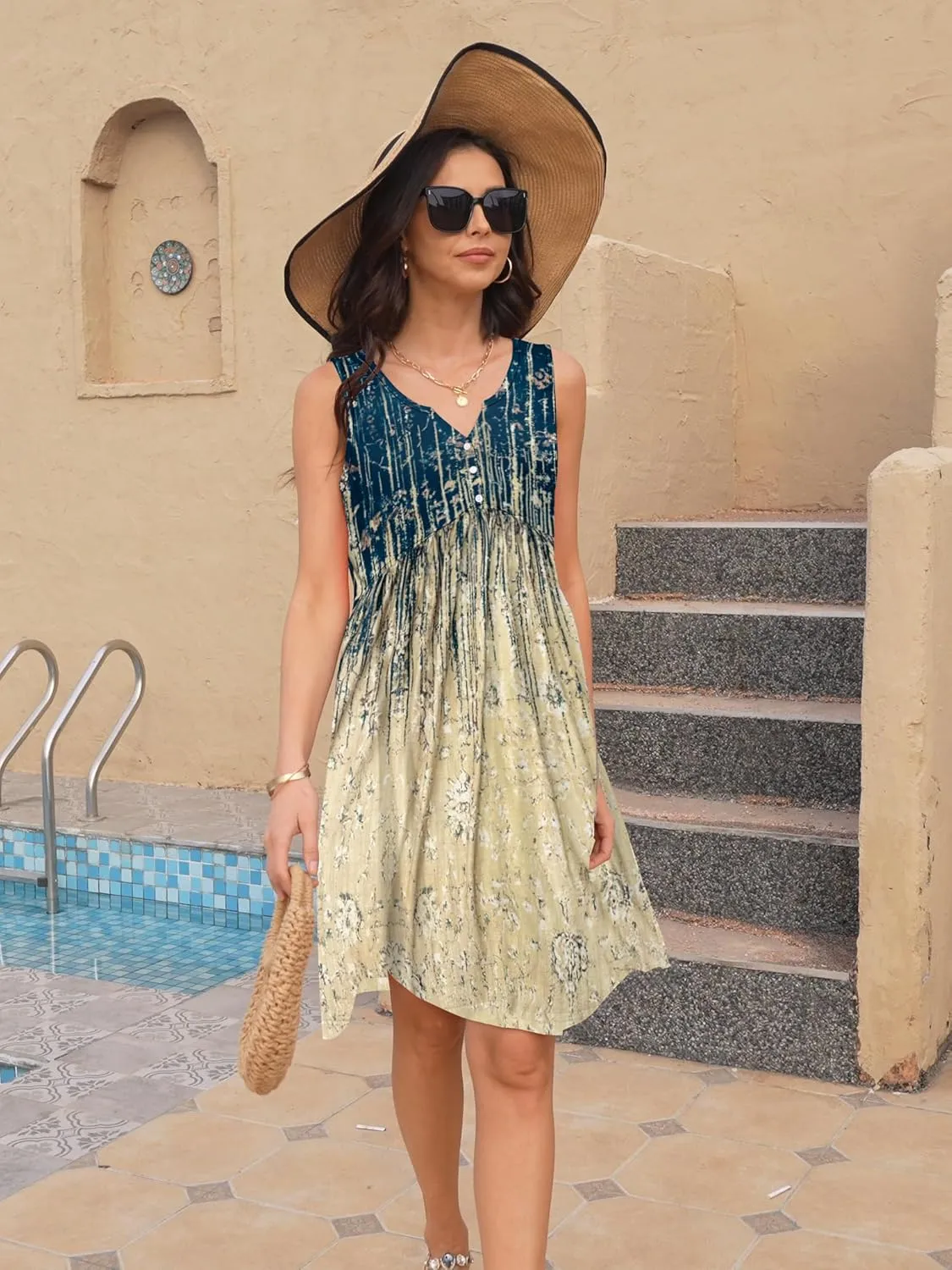 ETCYY Summer Dresses for Women 2025 Vacation Sleeveless Ruffle Beach Mini Dress Button Tank V Neck Floral Leaf Sundresses