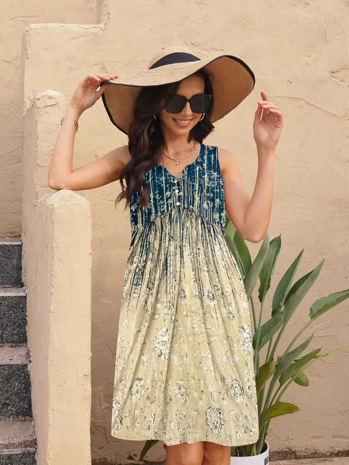 ETCYY Summer Dresses for Women 2025 Vacation Sleeveless Ruffle Beach Mini Dress Button Tank V Neck Floral Leaf Sundresses