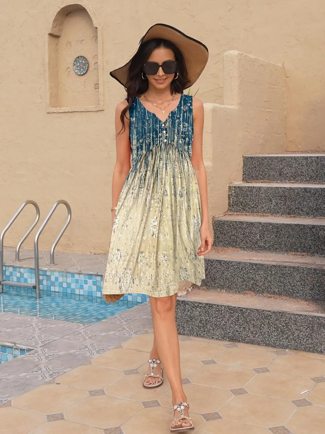 ETCYY Summer Dresses for Women 2025 Vacation Sleeveless Ruffle Beach Mini Dress Button Tank V Neck Floral Leaf Sundresses