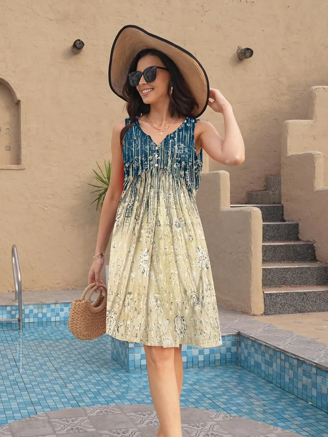 ETCYY Summer Dresses for Women 2025 Vacation Sleeveless Ruffle Beach Mini Dress Button Tank V Neck Floral Leaf Sundresses