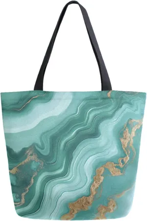 Extra Large Shoulder Gym Tote Bag, Creative Green Agate Marble Canvas Handle Bag for Yoga Weekender Picnic Beach Travel Kitchen Reusable Market Grocery Shopping