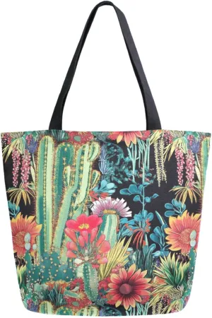 Extra Large Shoulder Gym Tote Bag, Exotic Cactus in Colors Flowers Canvas Handle Bag for Yoga Weekender Picnic Beach Travel Kitchen Reusable Market Grocery Shopping