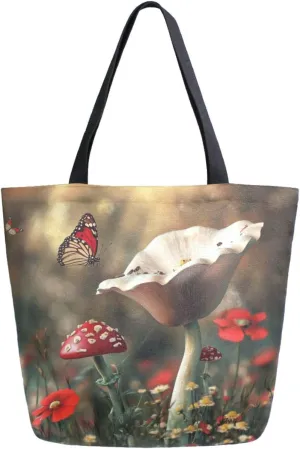 Extra Large Shoulder Gym Tote Bag, Magic Forest Mushroom and Butterfly Canvas Handle Bag for Yoga Weekender Picnic Beach Travel Kitchen Reusable Market Grocery Shopping
