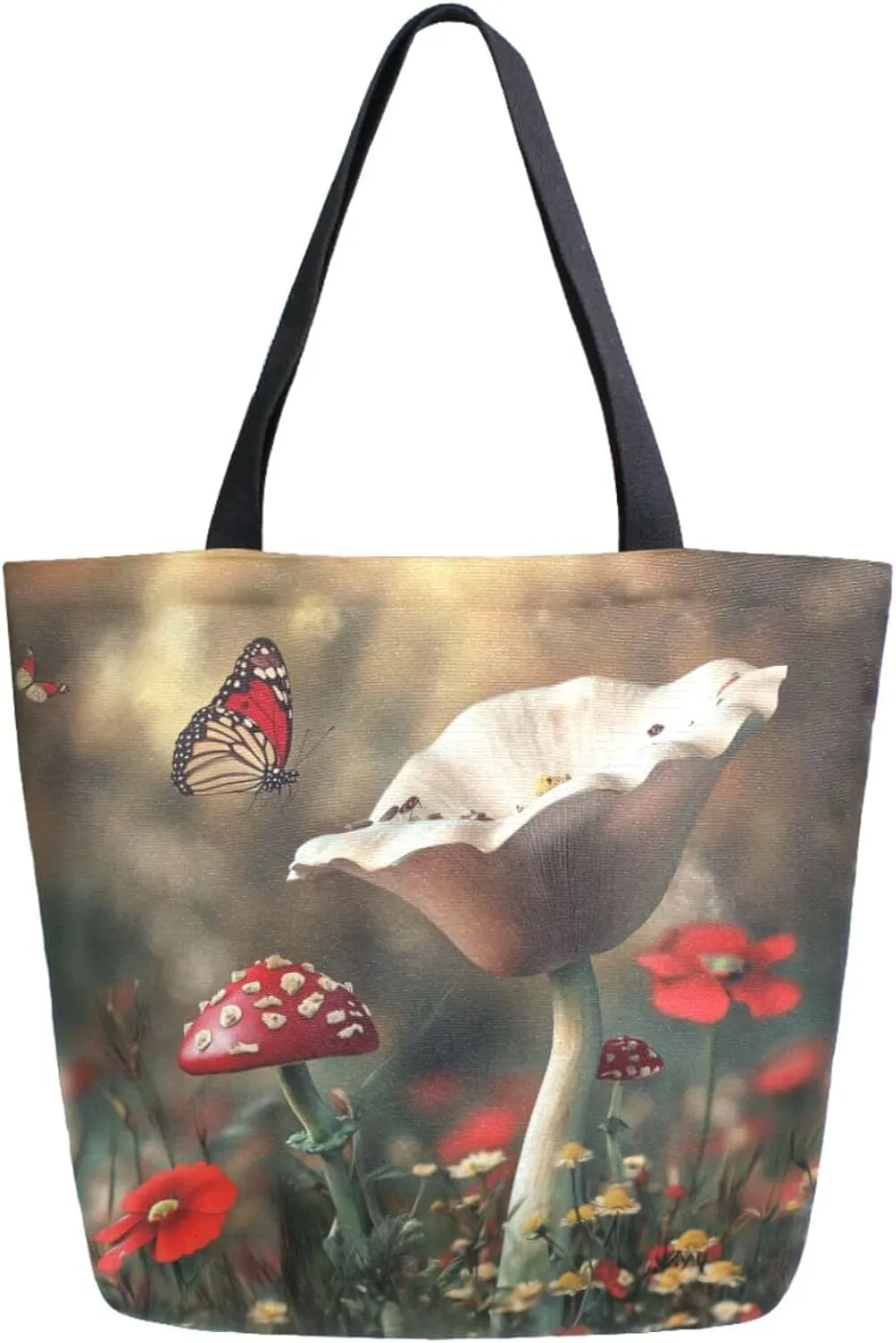 Extra Large Shoulder Gym Tote Bag, Magic Forest Mushroom and Butterfly Canvas Handle Bag for Yoga Weekender Picnic Beach Travel Kitchen Reusable Market Grocery Shopping