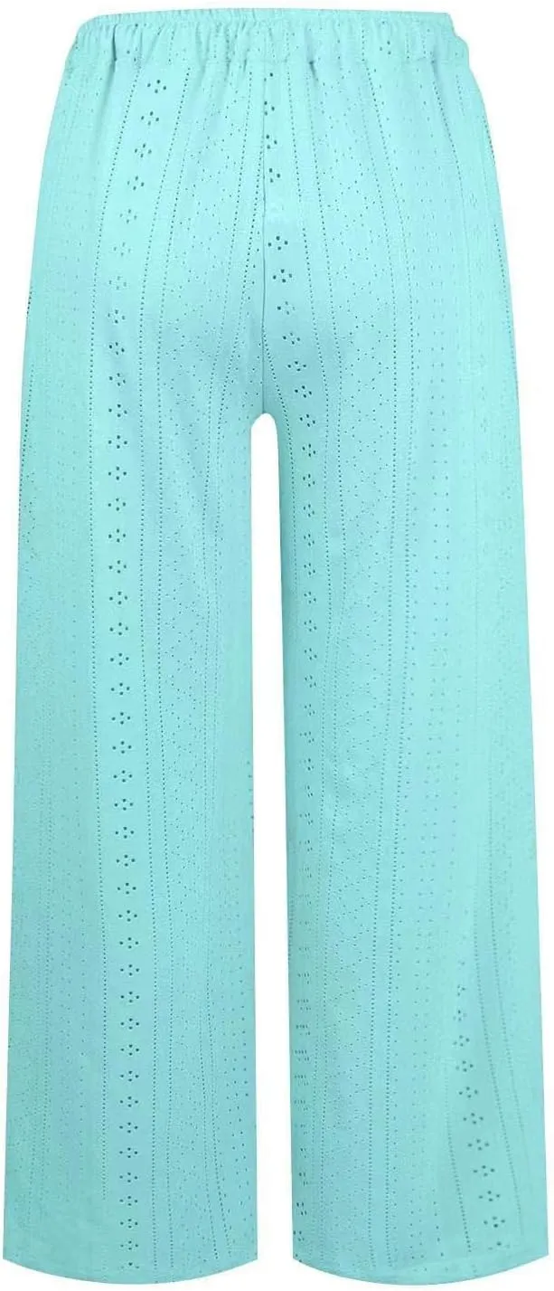 Eyelet Embroidered Pants for Women Wide Leg Casual Summer Pant Drawstring Elastic Waist Palazzo Lounge Trousers