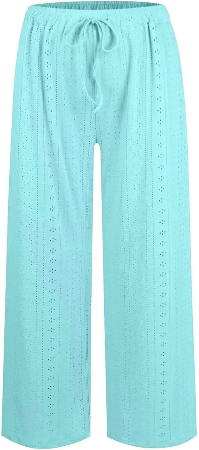 Eyelet Embroidered Pants for Women Wide Leg Casual Summer Pant Drawstring Elastic Waist Palazzo Lounge Trousers