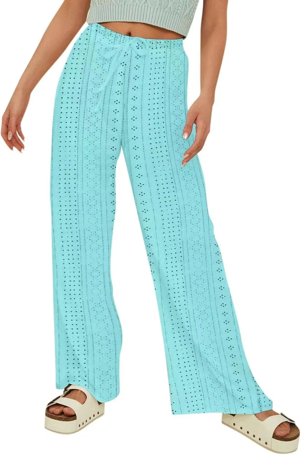 Eyelet Embroidered Pants for Women Wide Leg Casual Summer Pant Drawstring Elastic Waist Palazzo Lounge Trousers