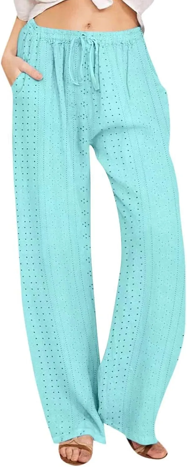 Eyelet Embroidered Pants for Women Wide Leg Casual Summer Pant Drawstring Elastic Waist Palazzo Lounge Trousers