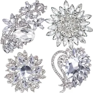 Ezing 4 Pieces Lot Large Big Silver Gold Plated Assorted Crystal Rhinestones Brooch Pins Set