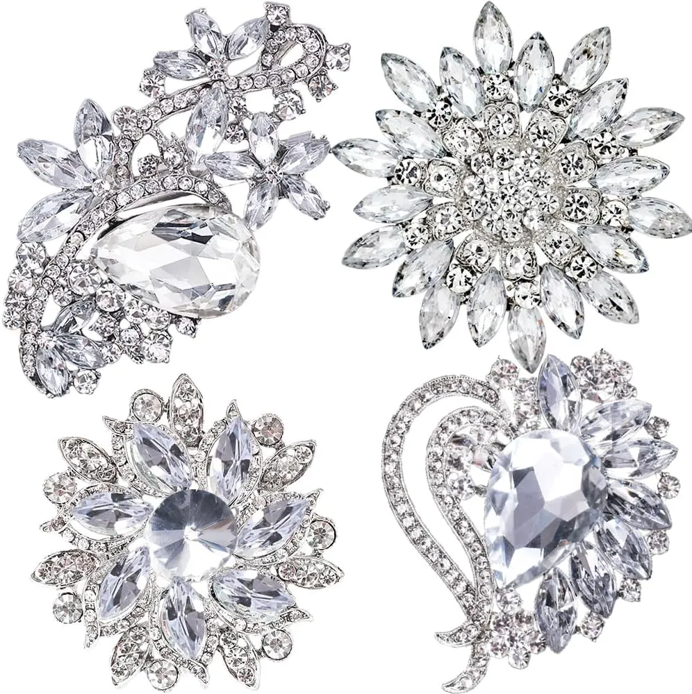 Ezing 4 Pieces Lot Large Big Silver Gold Plated Assorted Crystal Rhinestones Brooch Pins Set