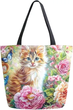 Fashion Extra Large Shoulder Grocery Tote Bag, Beautiful Flowers Cat Butterfly Garden Painting Canvas Daily Handle Bag for Gym Yoga Weekender Beach Travel Picnic Kitchen Reusable Market Shopping