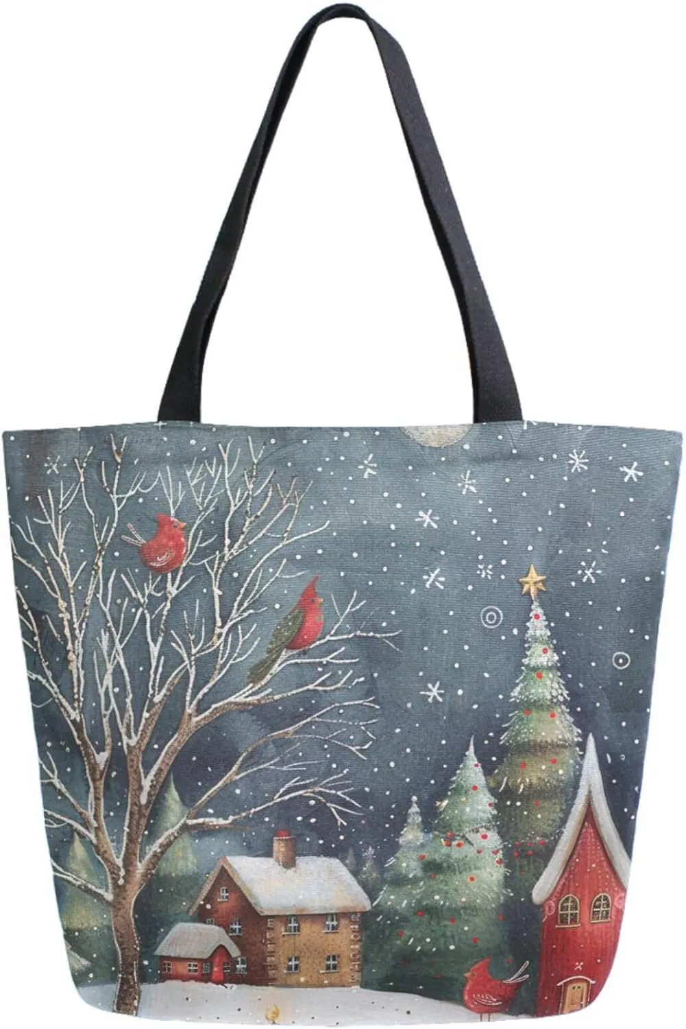 Fashion Extra Large Shoulder Grocery Tote Bag, Christmas Greeting Village House Birds Canvas Daily Handle Bag for Gym Yoga Weekender Beach Travel Picnic Kitchen Reusable Market Shopping