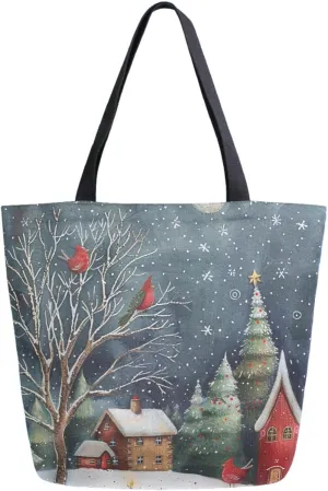 Fashion Extra Large Shoulder Grocery Tote Bag, Christmas Greeting Village House Birds Canvas Daily Handle Bag for Gym Yoga Weekender Beach Travel Picnic Kitchen Reusable Market Shopping