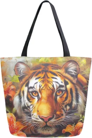 Fashion Extra Large Shoulder Grocery Tote Bag, Tropical Flowers Tiger Painting Canvas Daily Handle Bag for Gym Yoga Weekender Beach Travel Picnic Kitchen Reusable Market Shopping